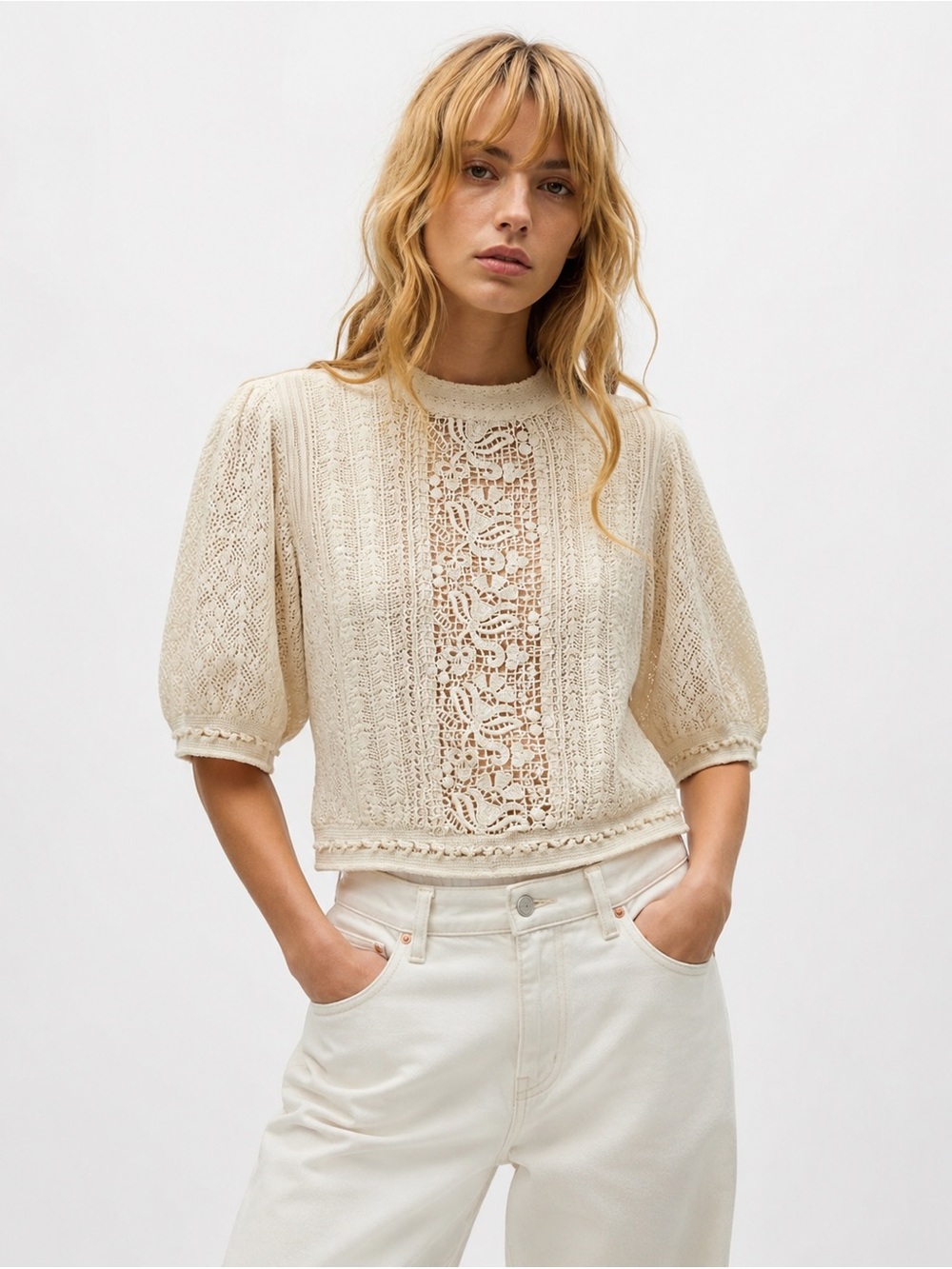 Romantic Lace Puff Sleeve Crop Top Zara Cream Crochet Blouse